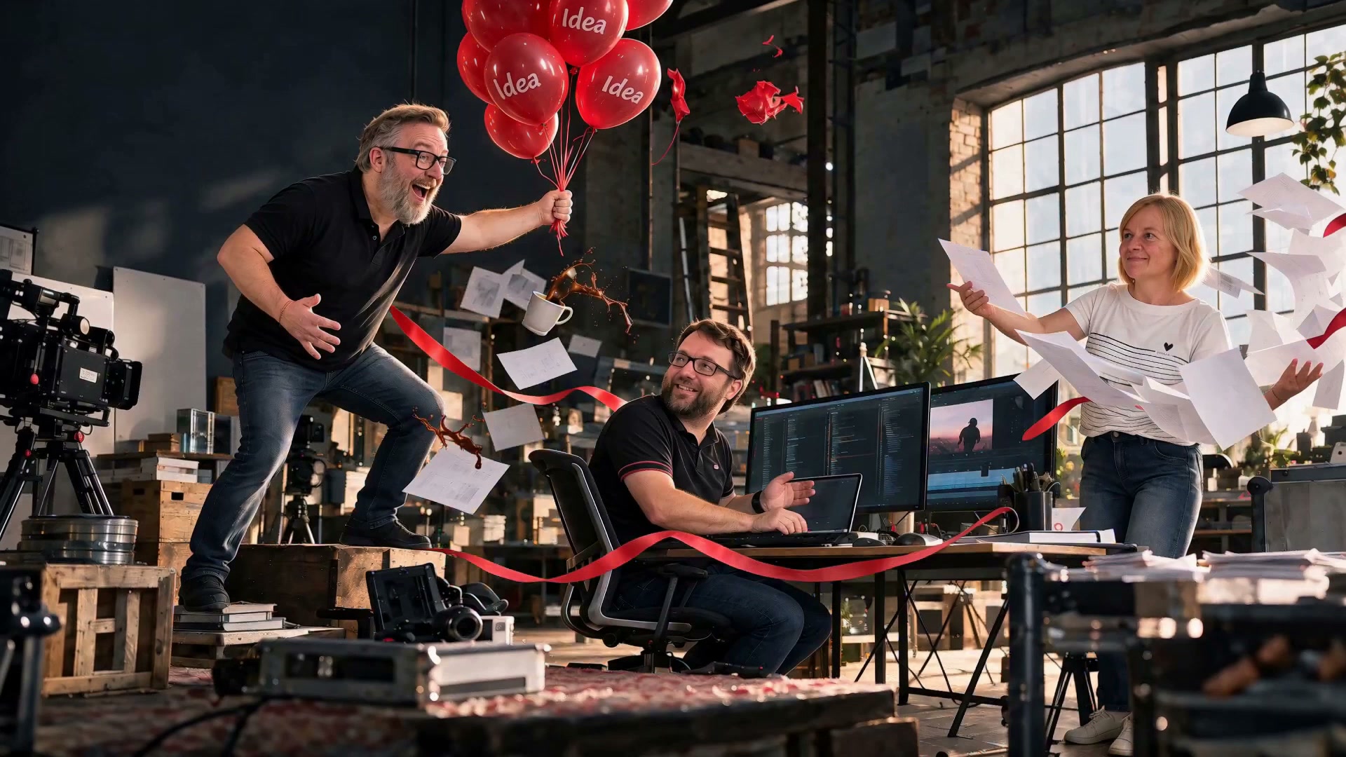 KI-inszenierte Studioszene mit Thomas, Christian und Moni auf Grundlage ihrer Porträtfotos.