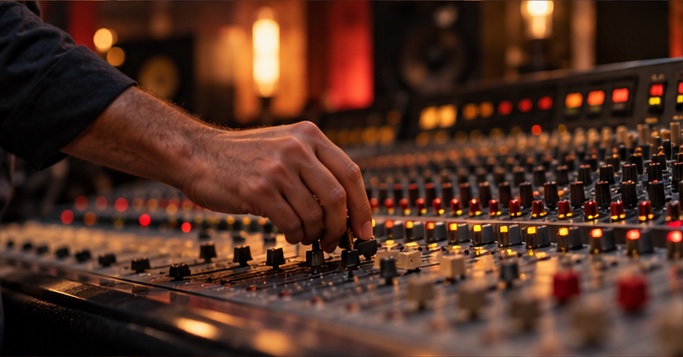 KI-inszeniertes Mischpult einer Musiksession